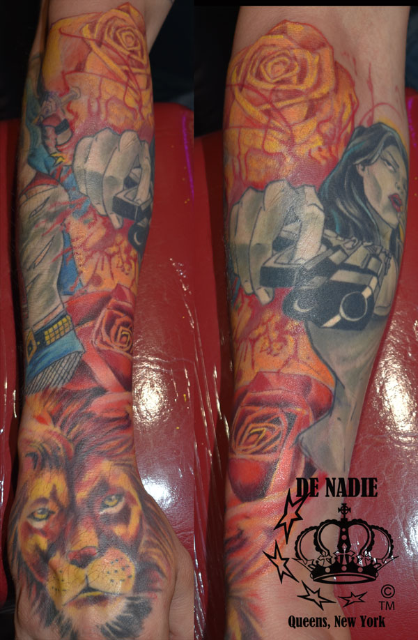 Gray hot lady with a gun tattoo